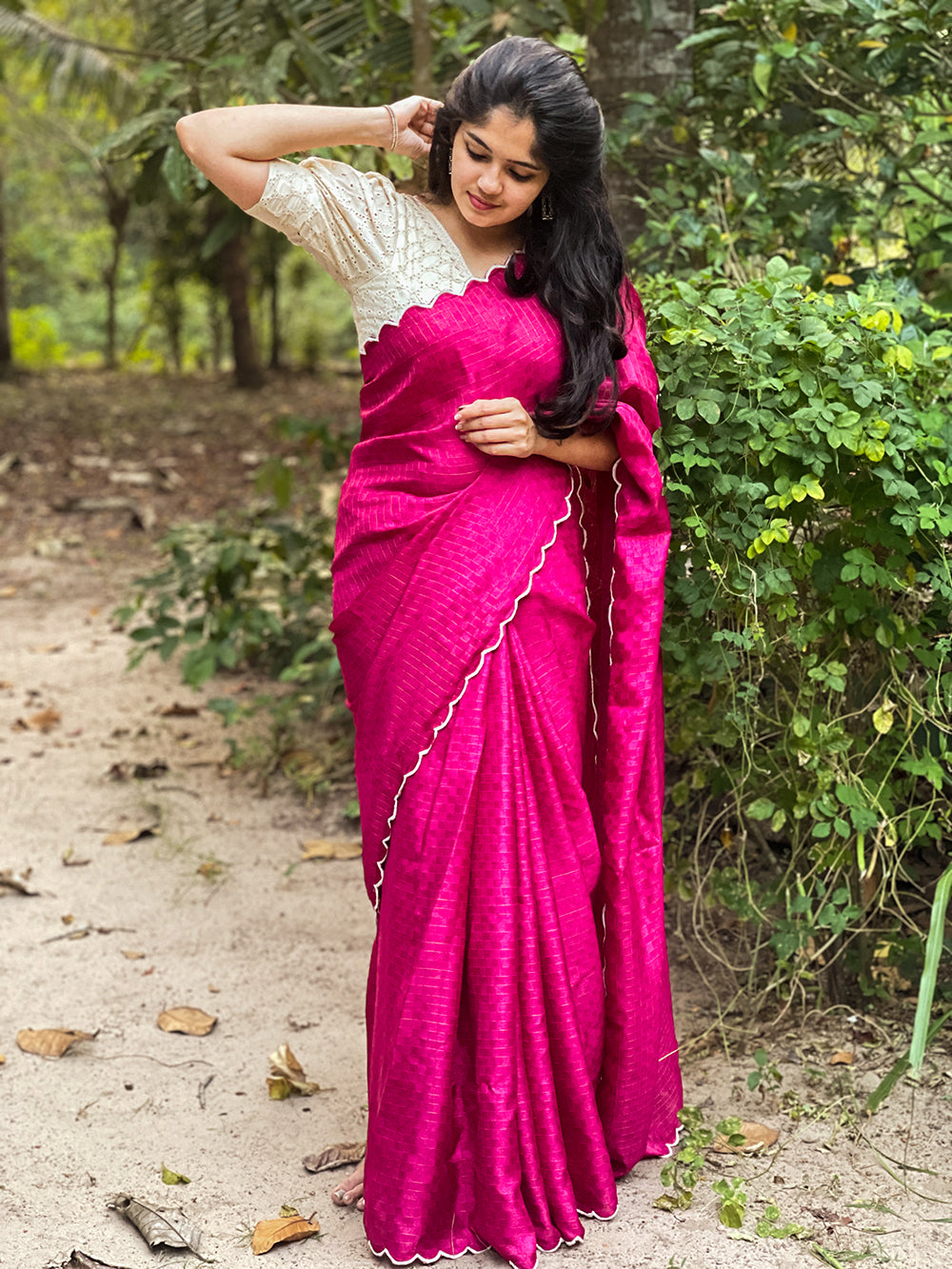 Pink Color Gadhawal Chex Material & Arca Work Saree Clothsvilla