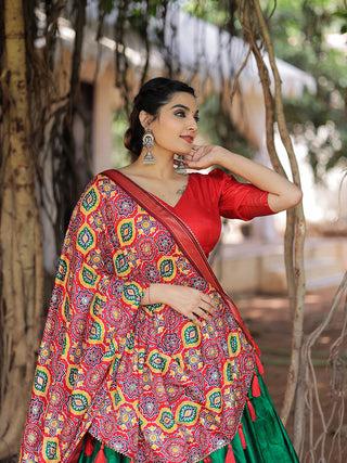 Green Color Printed With Foil Work Dola Silk Lehenga Choli Clothsvilla