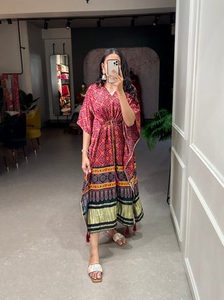 Crimson Color Digital Print With Gotta Patti Lace Border Gaji Silk Kaftan ClothsVilla.com