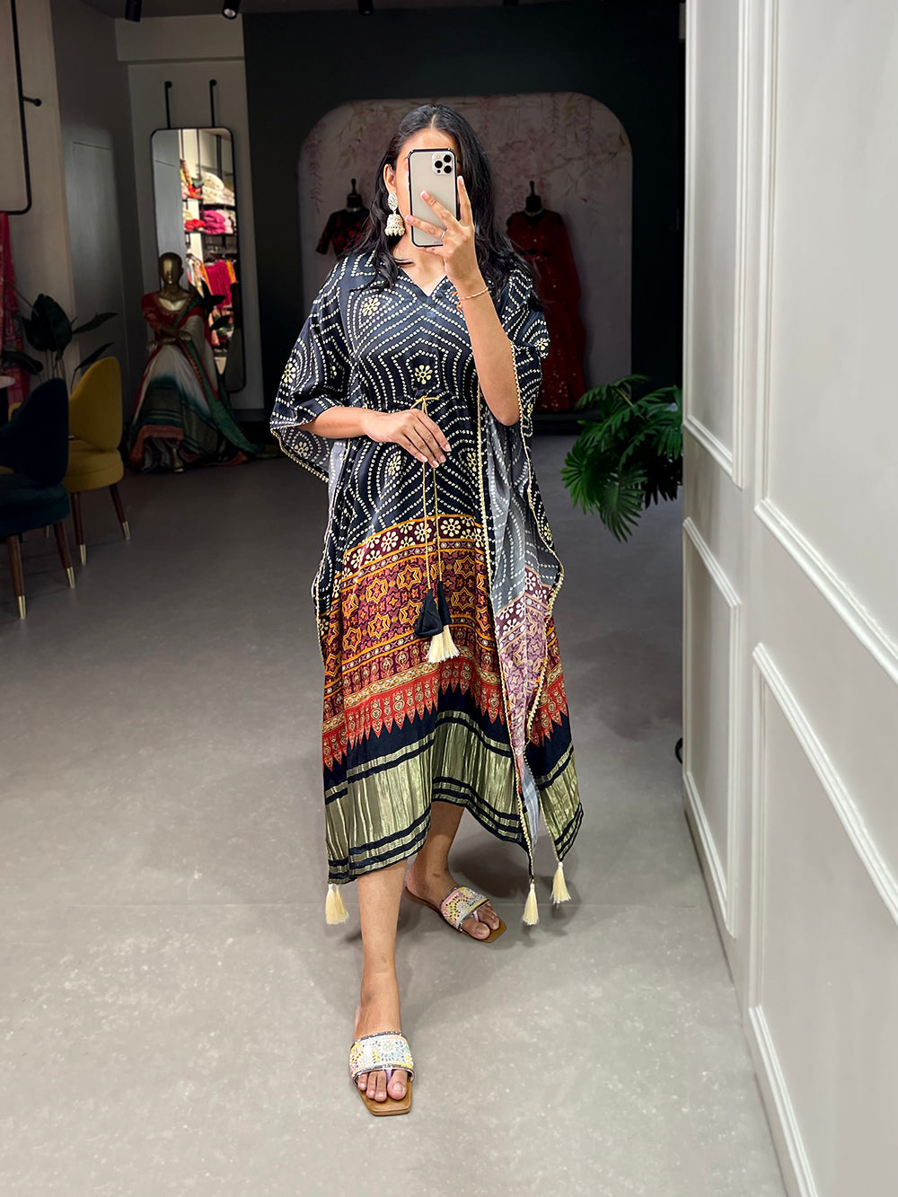 Black Color Digital Bandhej Printed Gaji Silk Kaftan ClothsVilla.com