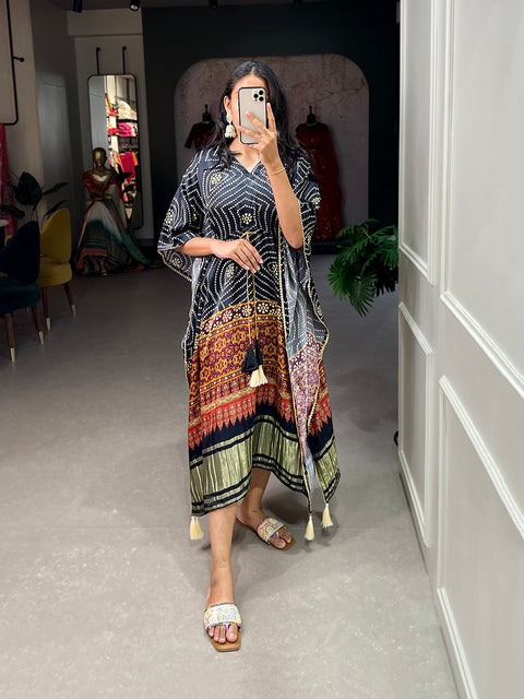 Black Color Digital Bandhej Printed Gaji Silk Kaftan ClothsVilla.com Main image