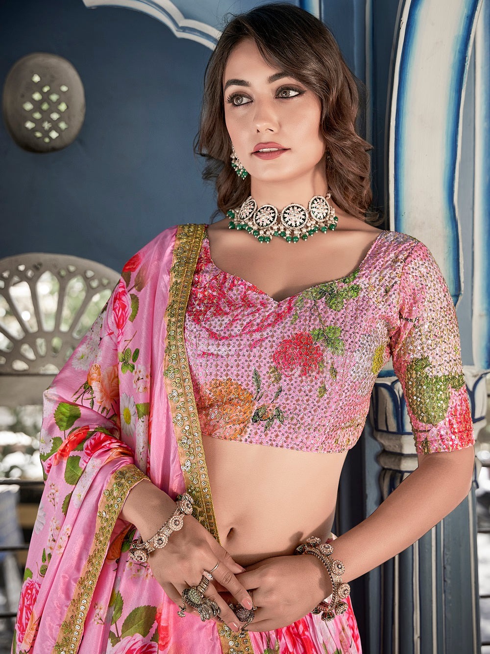 Pink Color Digital Print With Sequins Embroidery Work Crushed Chinon Lehenga Choli ClothsVilla.com