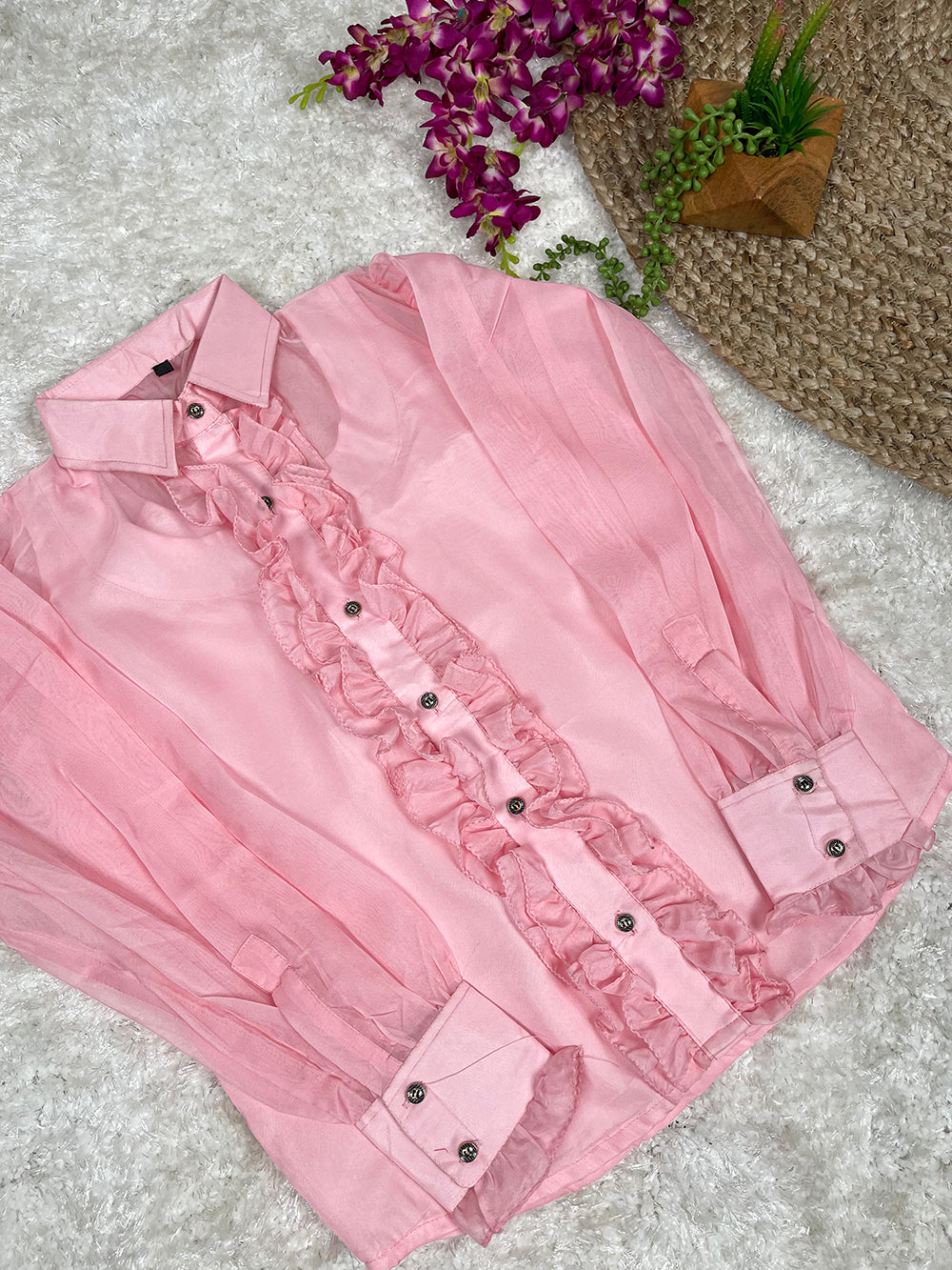 Light Pink Color Organza Material Plain Shirt ClothsVilla.com