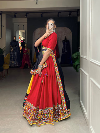 Red Color Gamthi And Mirror Work Chaniya Choli ClothsVilla.com