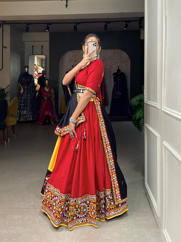 Red Color Gamthi And Mirror Work Chaniya Choli ClothsVilla.com