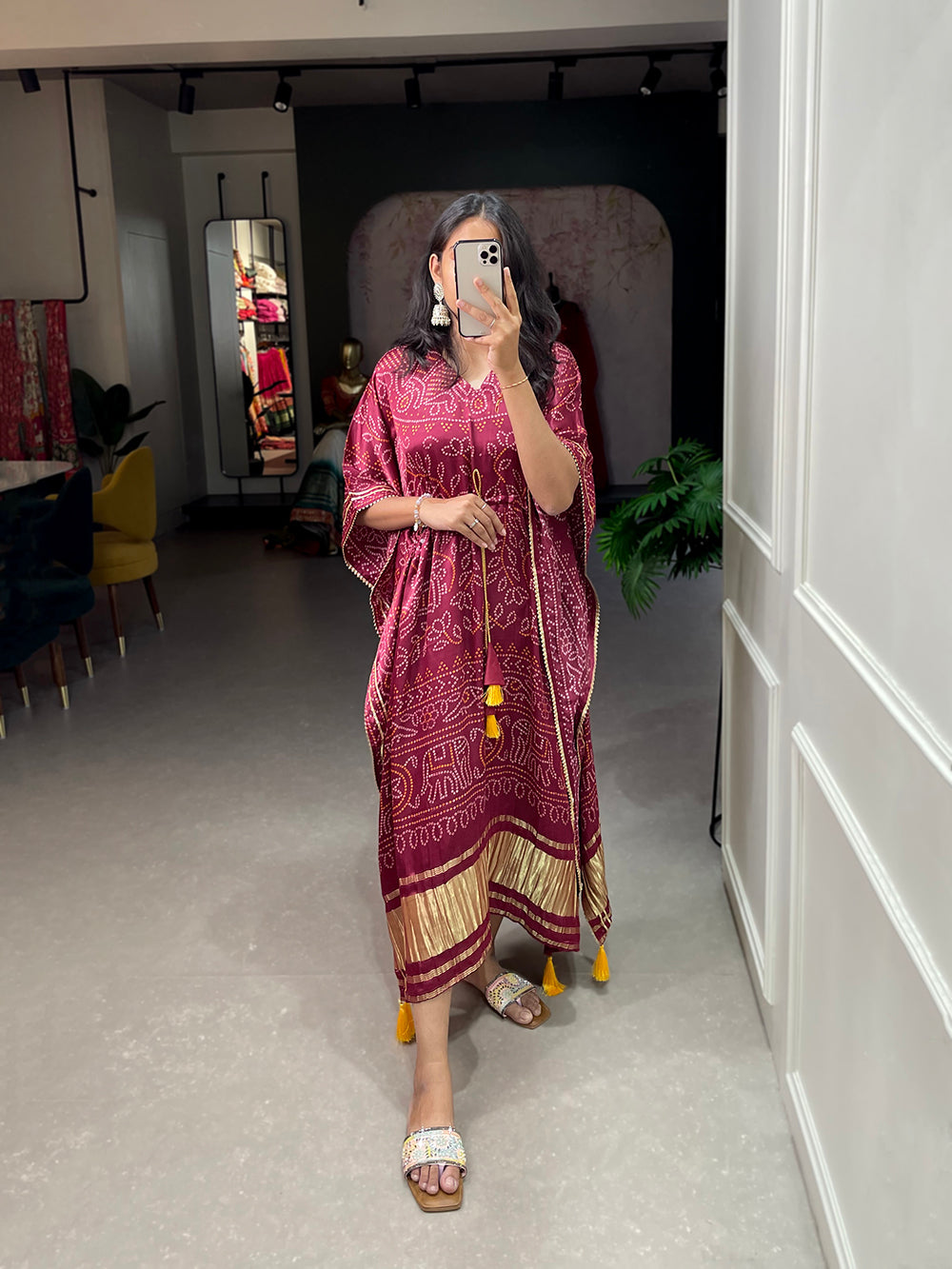 Maroon Color Bandhej Print With Gotta Patti Lace Border Gaji Silk Kaftan ClothsVilla.com