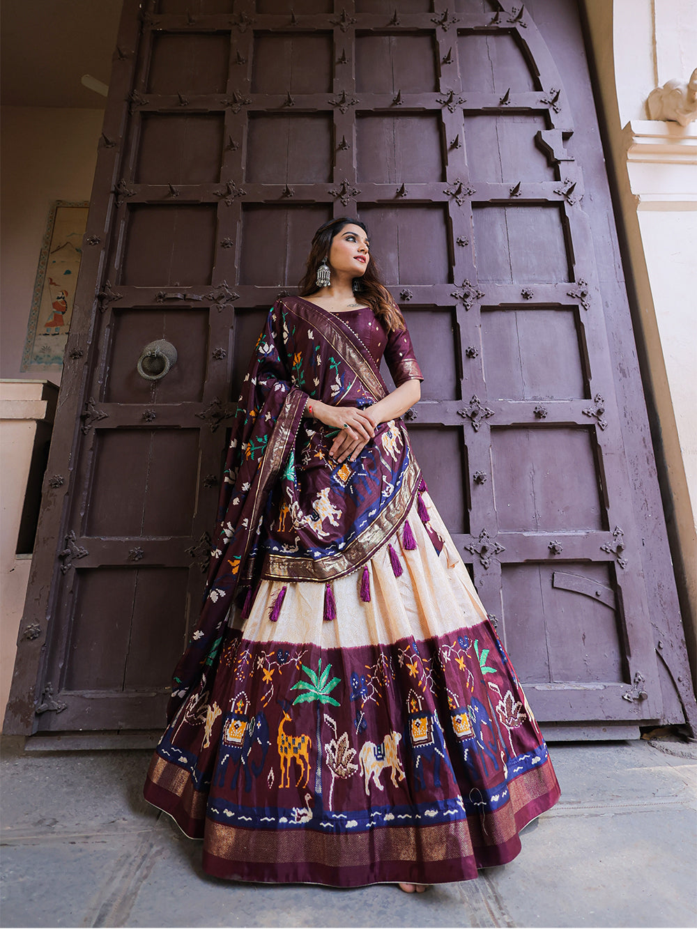 Wine Color Printed With Foil Work Dola Silk Lehenga Choli ClothsVilla.com