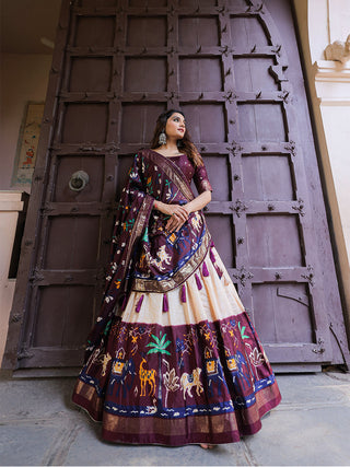 Wine Color Printed With Foil Work Dola Silk Lehenga Choli ClothsVilla.com