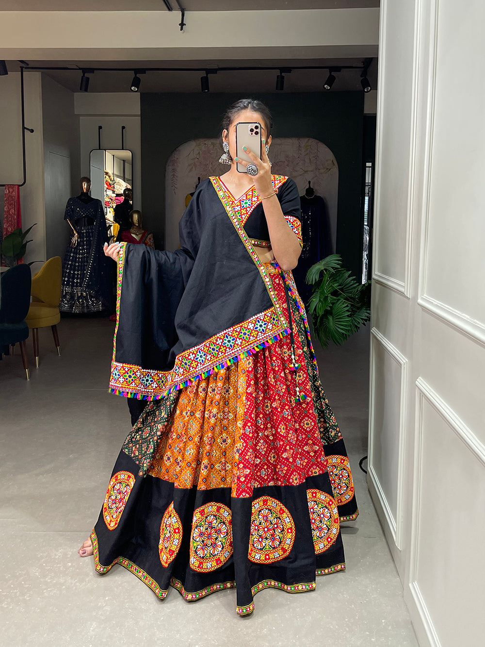 Multi Color Printed With Gamthi Work Cotton Lehenga Choli ClothsVilla.com