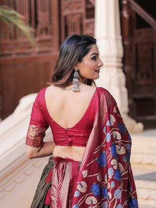 Mehndi Color Printed With Foil Work Dola Silk Lehenga Choli ClothsVilla.com
