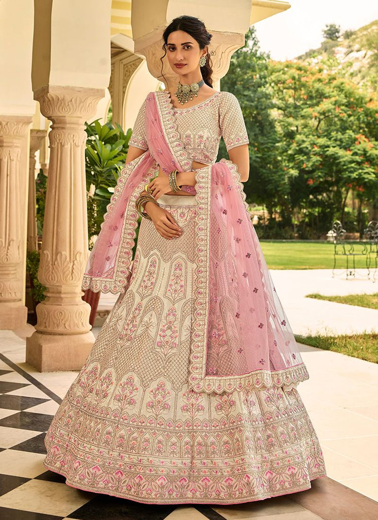 Pink Velvet Heavy Embroidery With Hand Work Wedding Lehenga Choli with Soft  Net Dupatta - LC4360