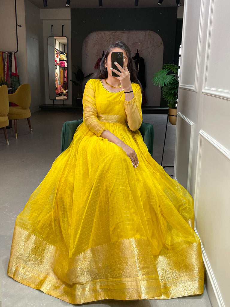 Yellow Color Zari Weaving Work Organza Chex Gown Clothsvilla