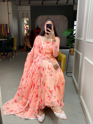 Peach Color Floral Printed Anarkali Style Chiffon Kurti Clothsvilla