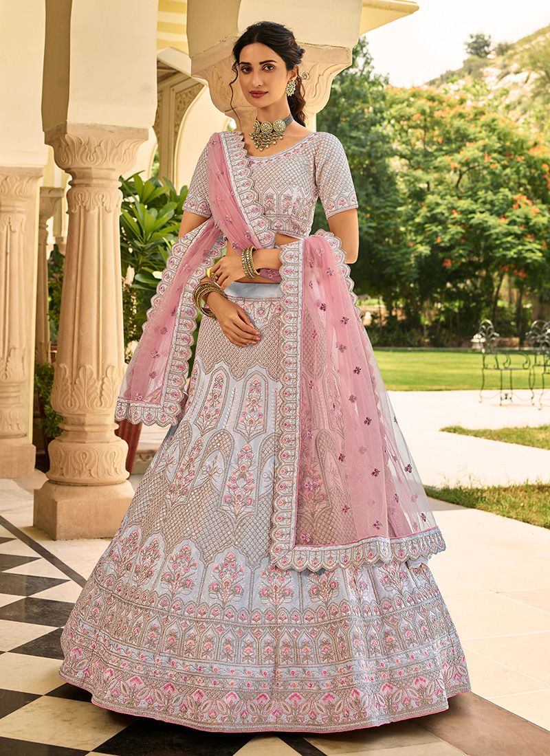 Graceful Light Grey Crepe Lehenga with Zari Work and Net Dupatta Clothsvilla