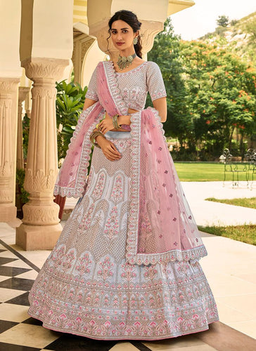 Graceful Light Grey Crepe Lehenga with Zari Work and Net Dupatta Clothsvilla