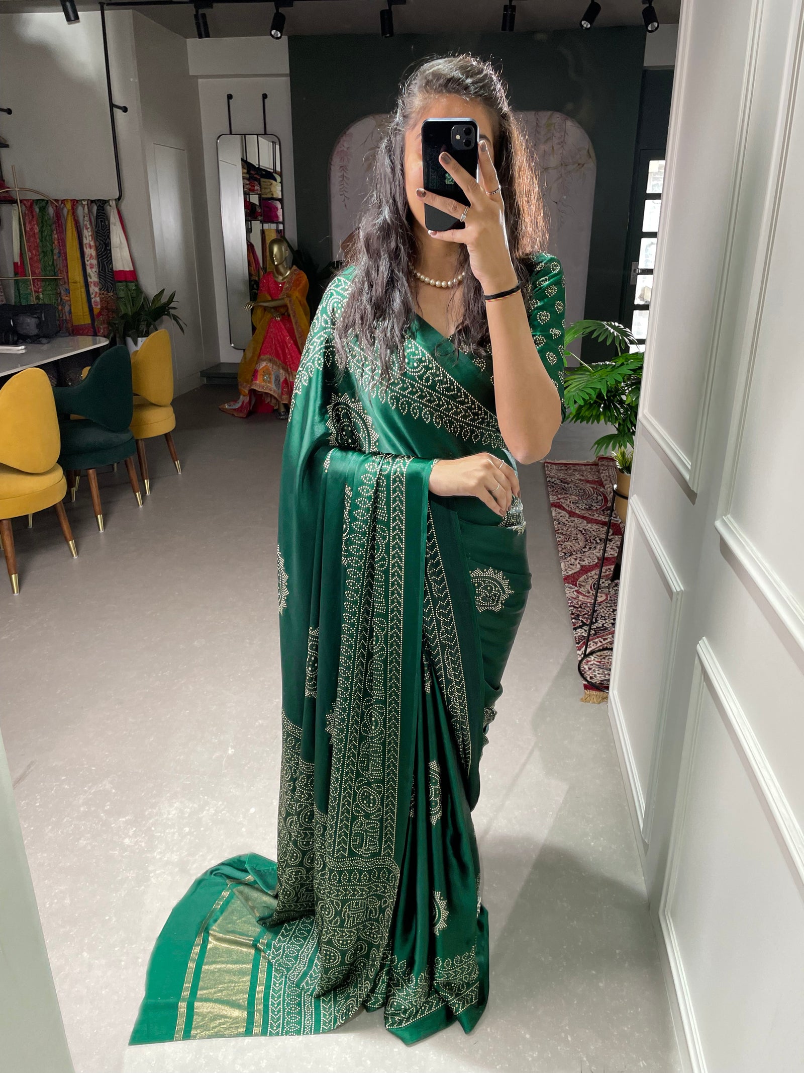 Green Color Printed And Foil Work Semi Gaji Satin Saree Clothsvilla