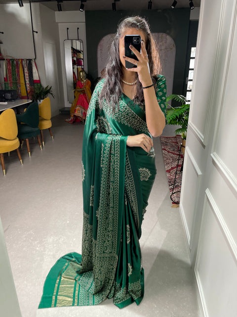 Green Color Printed And Foil Work Semi Gaji Satin Saree Clothsvilla Main image