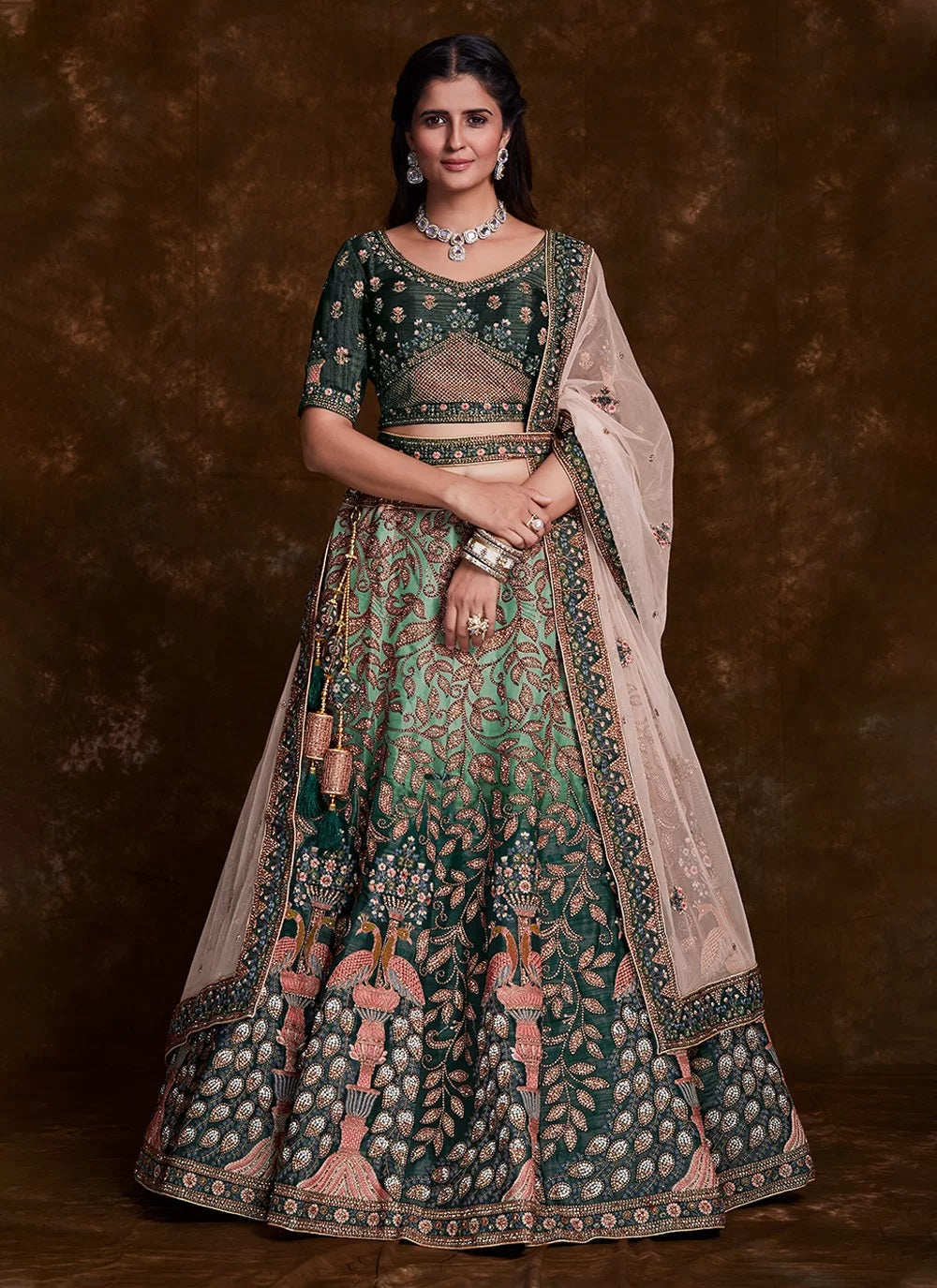 Green Art Silk Bridal Lehenga Set with Thread, Zari & Dori Work Clothsvilla Main image