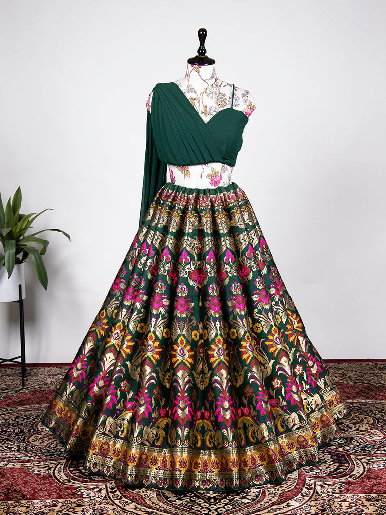 Green Color Zari Weaving Work Banarasi Silk Lehenga Choli ClothsVilla.com