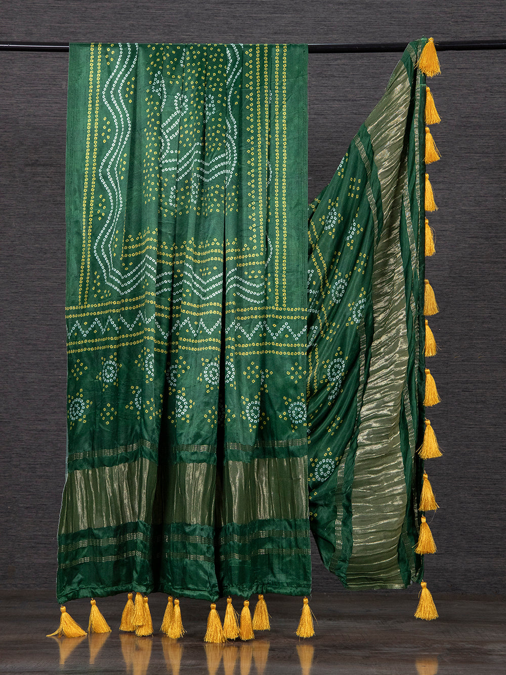 Green Color Pure Gaji Silk Bandhani Printed Dupatta With Tassels Clothsvilla Main image