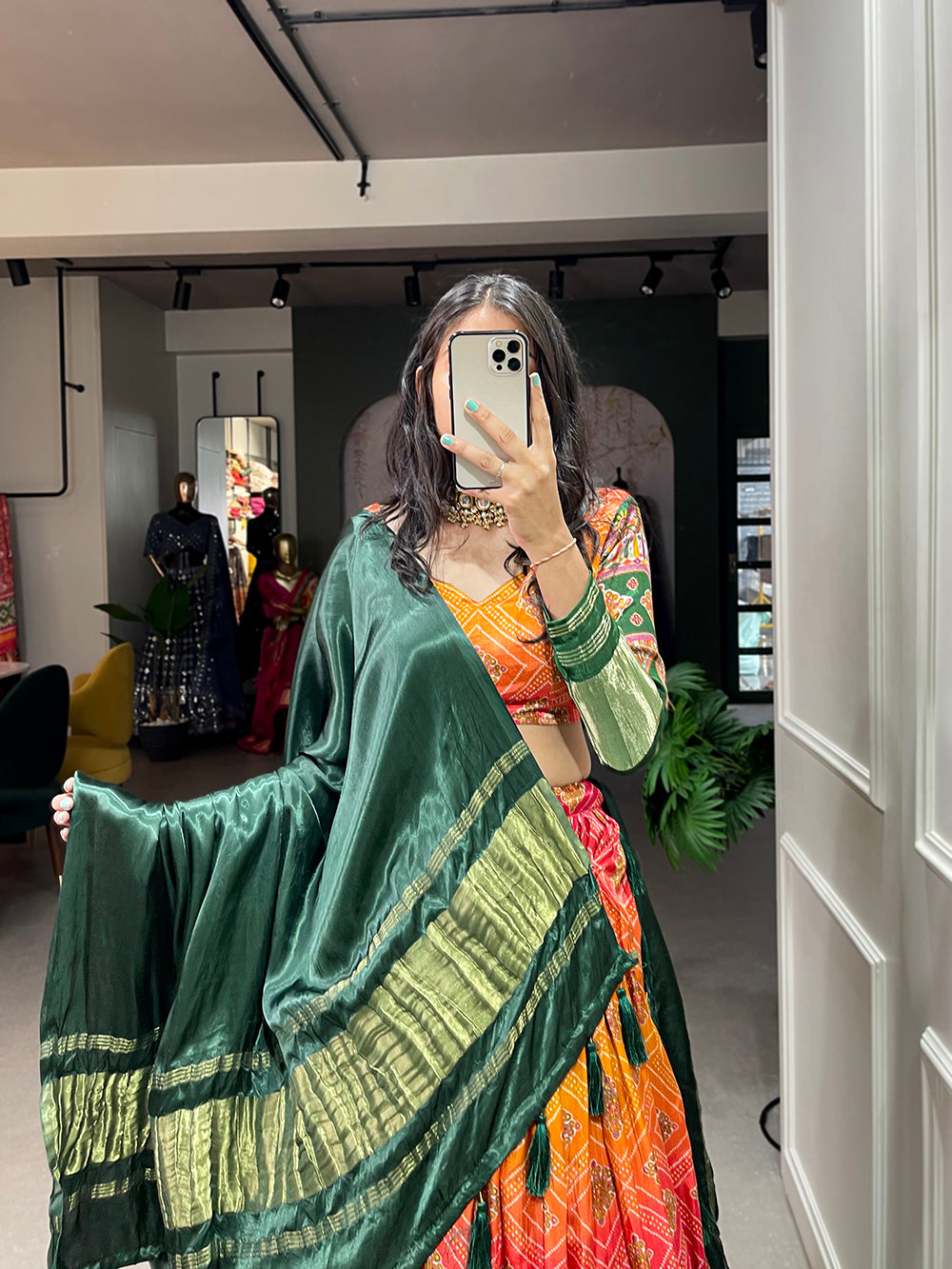 Green Color Patola Printed Gaji Silk Lehenga Choli ClothsVilla