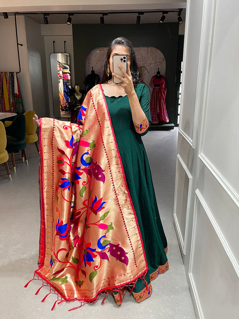 Green Color Plain With Zari Weaving Work Patta Chinon Dress Clothsvilla