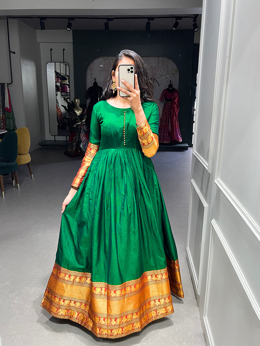 Green Color Zari Weaving Work Narayan Pet Cotton Gown Clothsvilla
