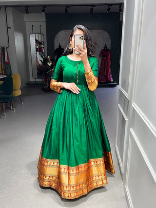 Green Color Zari Weaving Work Narayan Pet Cotton Gown Clothsvilla