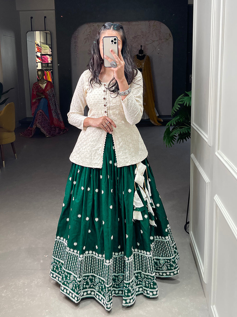 Green Color Sequins And Lucknowi Work Cotton Co-Ord Set Lehenga Choli ClothsVilla.com Main image