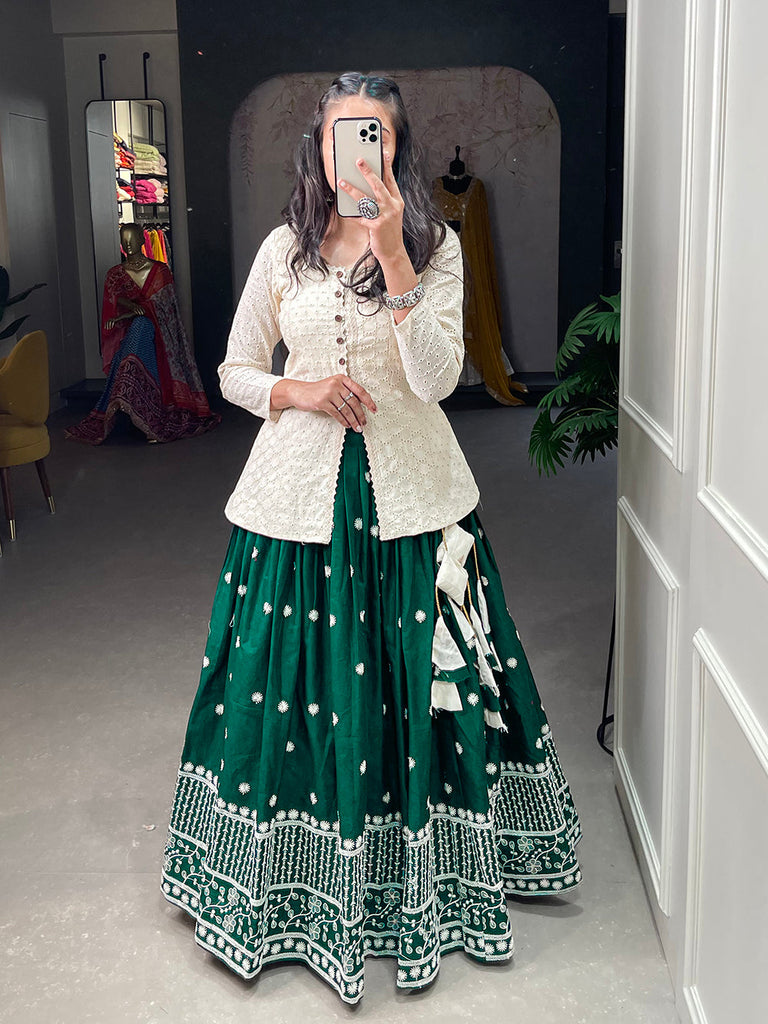 Green Color Sequins And Lucknowi Work Cotton Co-Ord Set Lehenga Choli ClothsVilla.com