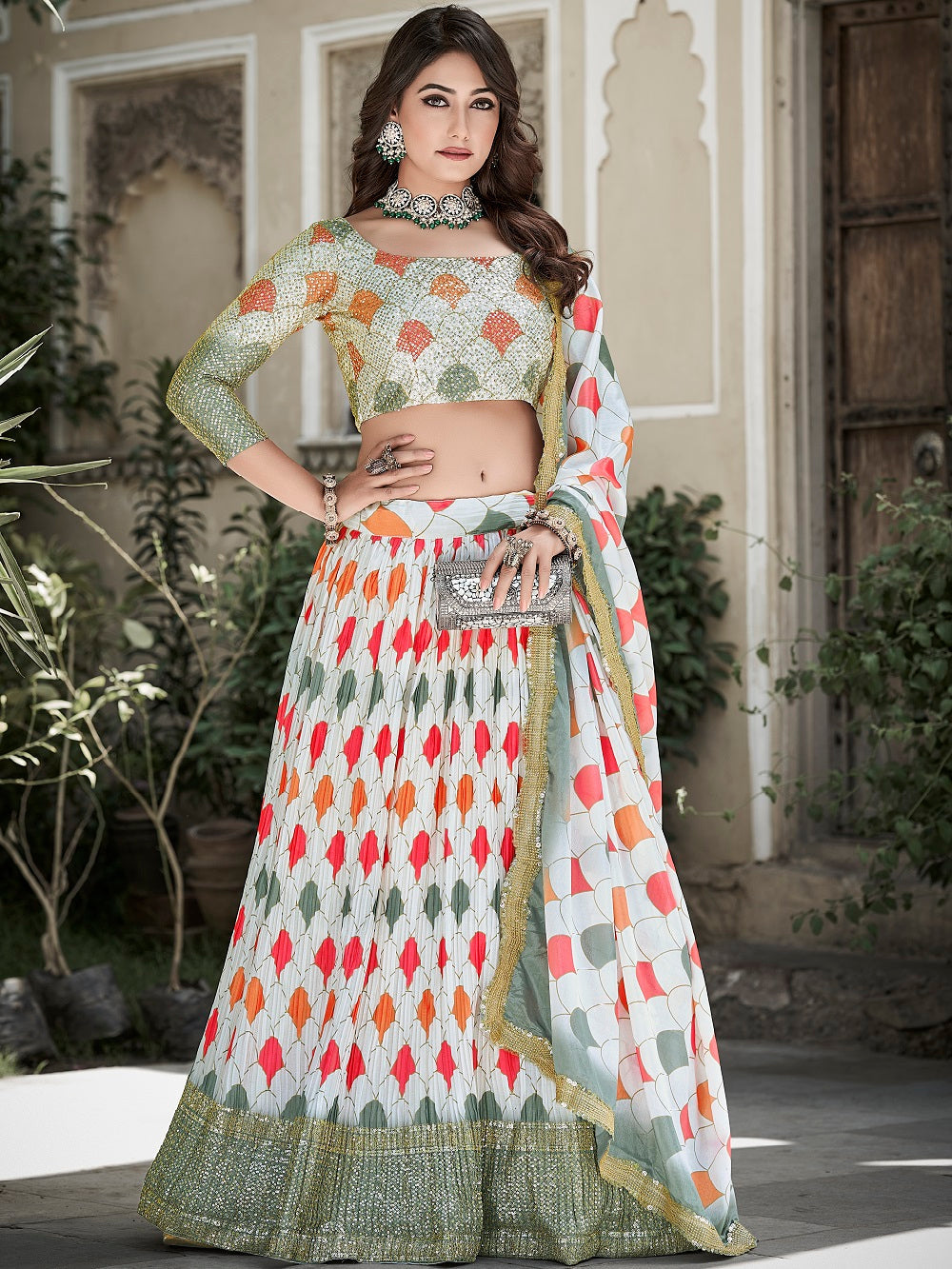 Green Color Digital Printed And Sequins Embroidery Work Crushed Chinon Lehenga Choli ClothsVilla.com Main image