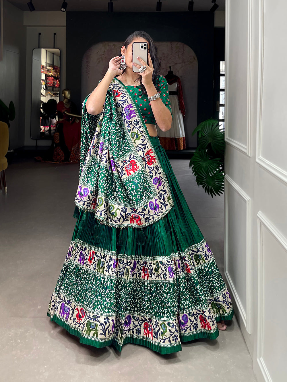 Green Color Bandhej Print With Patola Print Crushed Dola Silk Lehenga Choli ClothsVilla