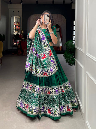 Green Color Bandhej Print With Patola Print Crushed Dola Silk Lehenga Choli ClothsVilla