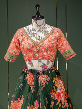 Load image into Gallery viewer, Green Color Floral Printed Organza Lehenga Choli Clothsvilla