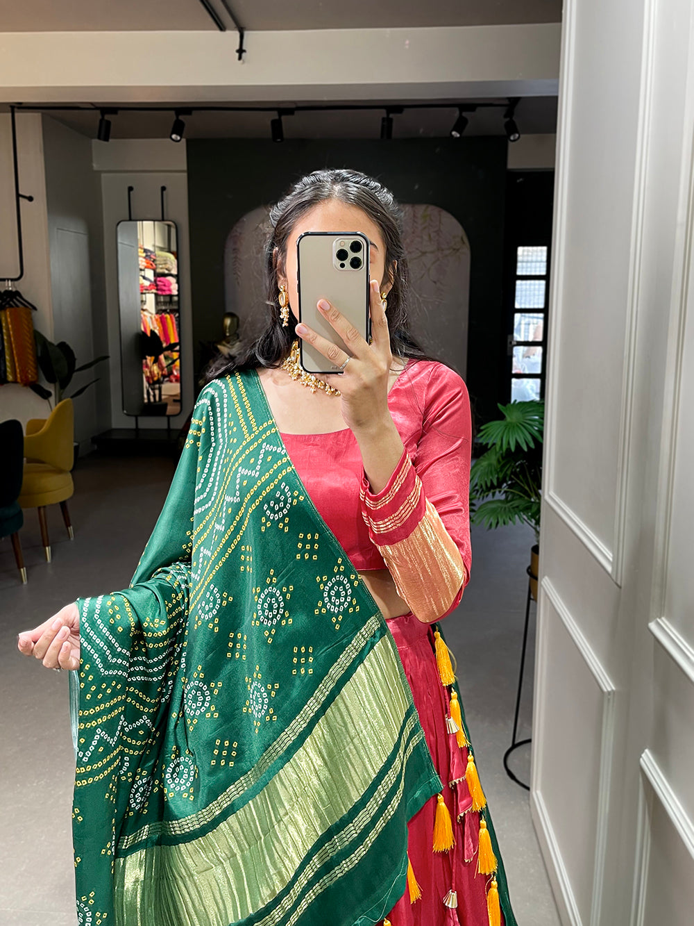 Salmon Color Dyeing With Lagdi Patta Gaji Silk Lehenga Choli ClothsVilla.com