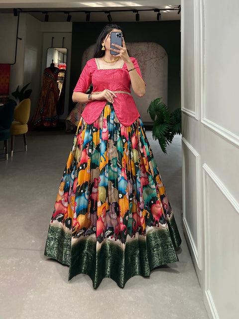 Green Color Digital Print And Zari Weaving Work Dola Silk Lehenga Choli Clothsvilla Main image
