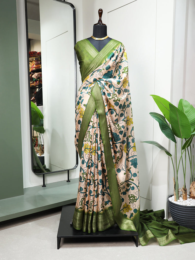 Green Color Printed With Zari Border Dola Silk Saree Clothsvilla