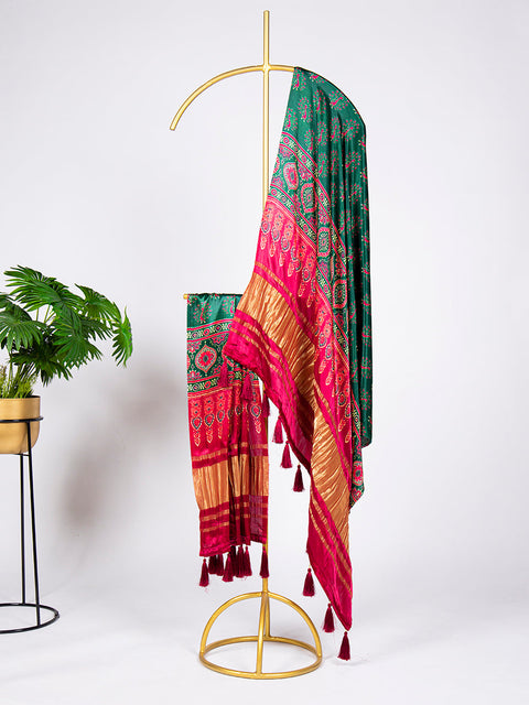 Green Color Digital Print And Lagadi Patta Pure Gaji Silk With Tassels ClothsVilla.com Main image
