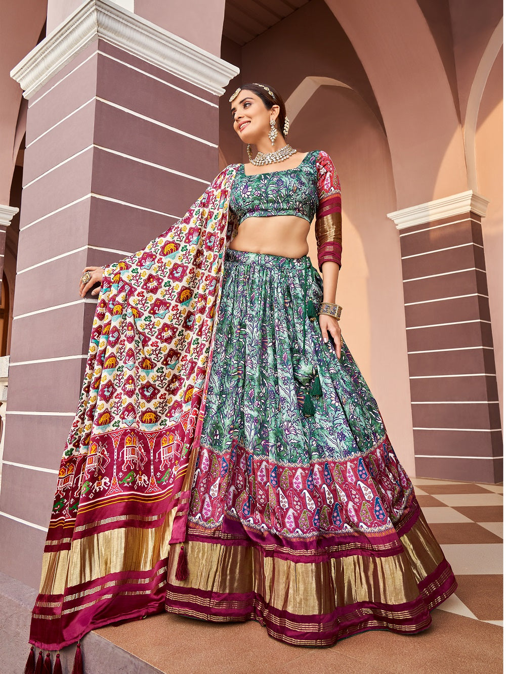 Green Color Digital Printed Pure Gaji Silk Lehenga Choli Clothsvilla
