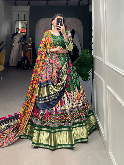 Green Color Digital Printed With Lagadi Patta Gaji Silk Lehenga Choli Clothsvilla Main image