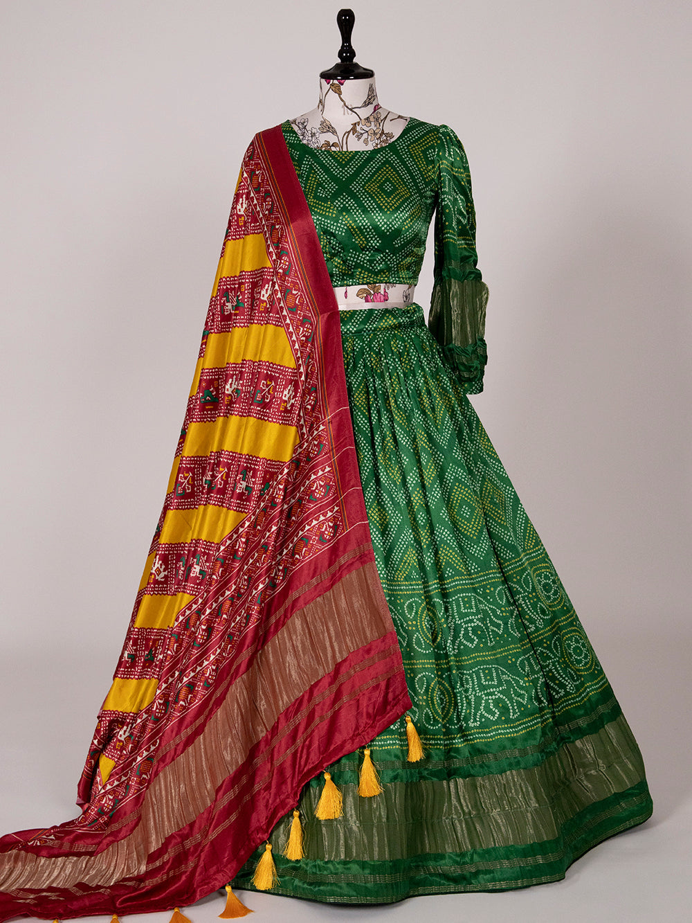Green Color Digital Bandhani Printed Pure Gaji Silk Lehenga Clothsvilla