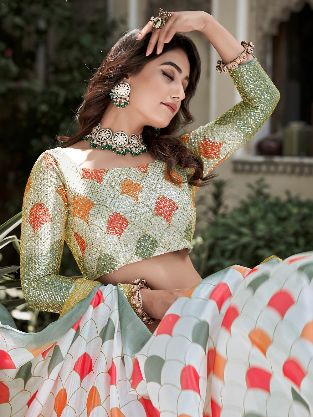 Green Color Digital Printed And Sequins Embroidery Work Crushed Chinon Lehenga Choli ClothsVilla.com