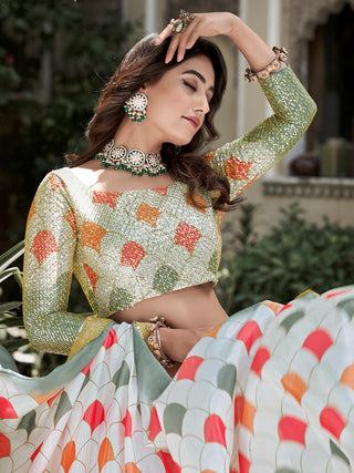 Green Color Digital Printed And Sequins Embroidery Work Crushed Chinon Lehenga Choli ClothsVilla.com
