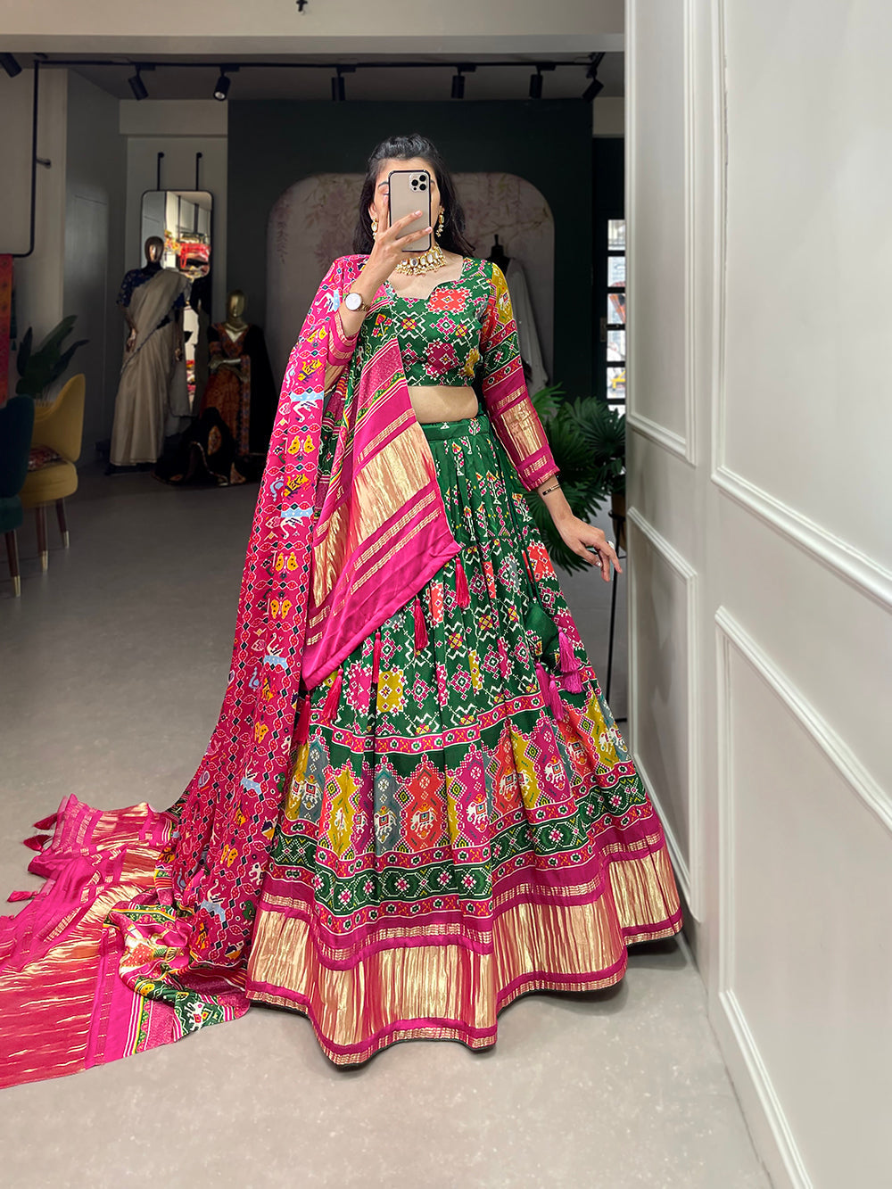Green Color Digital Printed With Lagadi Patta Gaji Silk Lehenga Choli Clothsvilla Main image