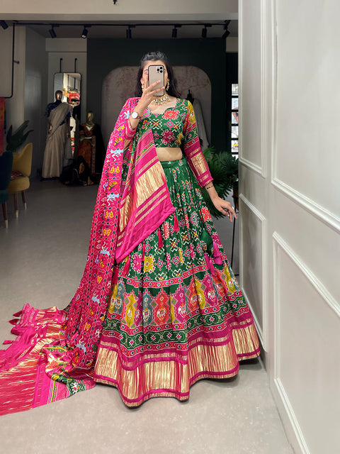 Green Color Digital Printed With Lagadi Patta Gaji Silk Lehenga Choli Clothsvilla Main image