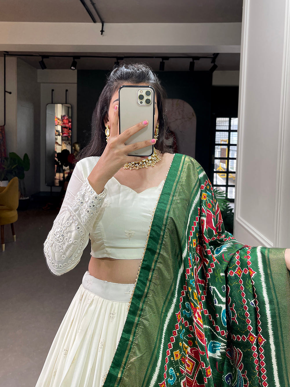 White Color Lucknowi Paper Mirror Work Georgette lehenga Choli ClothsVilla.com