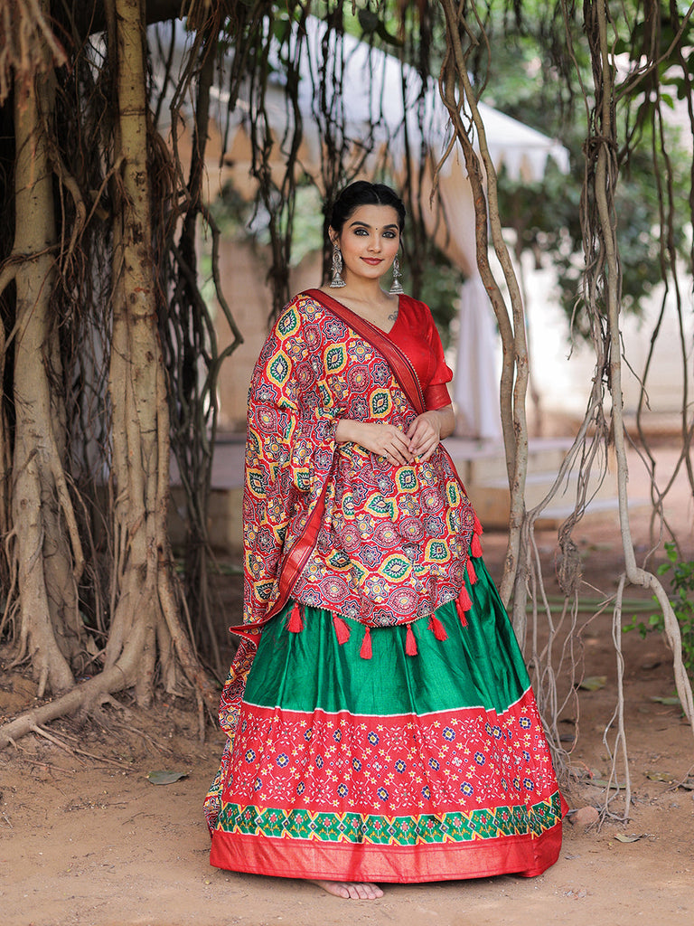 Green Color Printed With Foil Work Dola Silk Lehenga Choli Clothsvilla