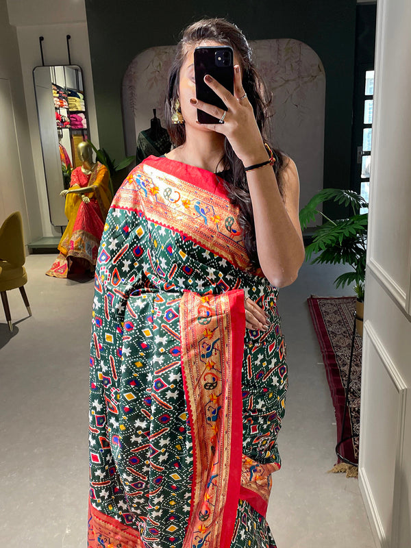 Green Color Patola Paithani Printed with Foil Work Dola Silk Saree Clothsvilla