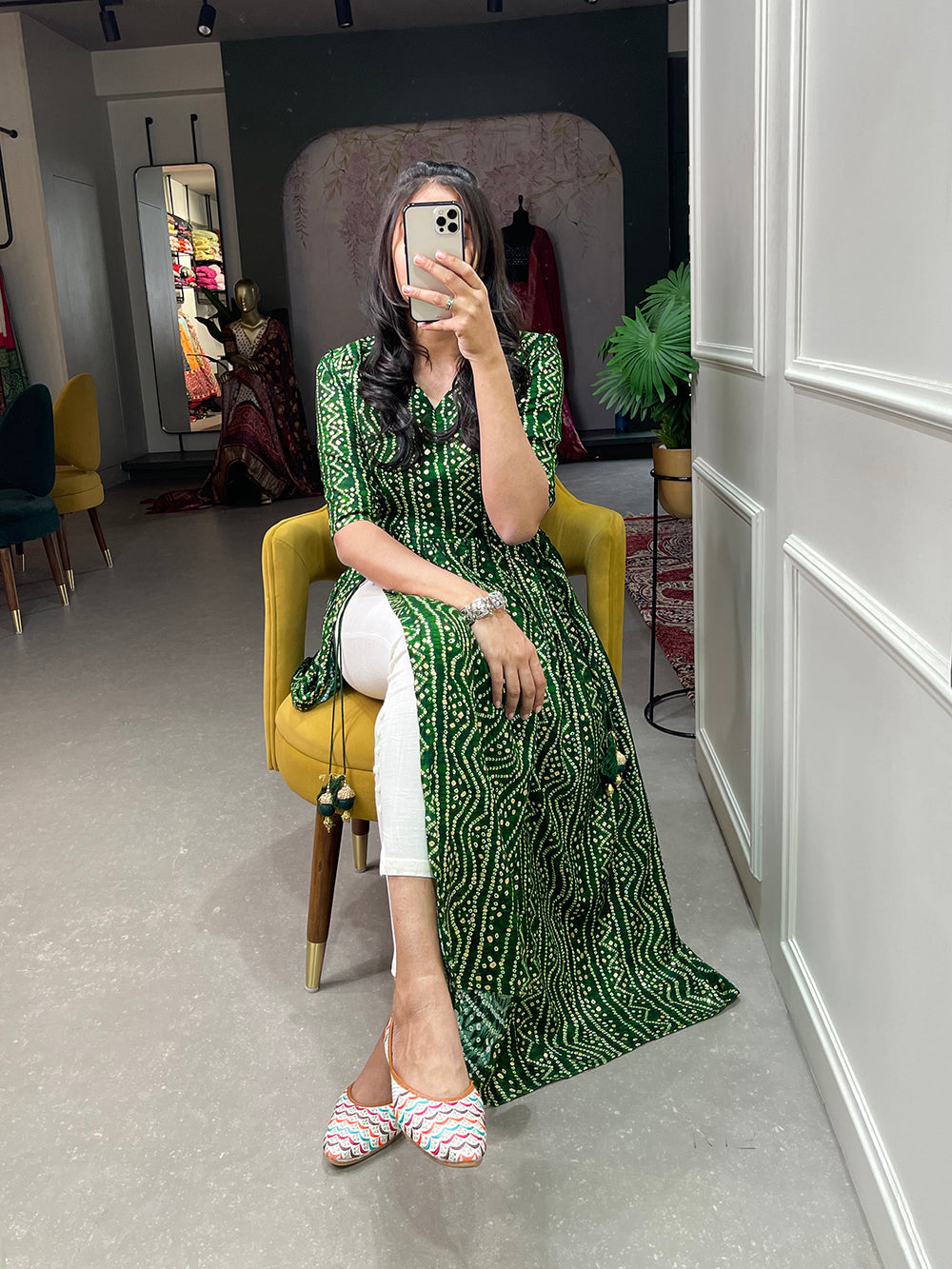 Green Color Foil and Printed Pure Cotton Kurti Clothsvilla