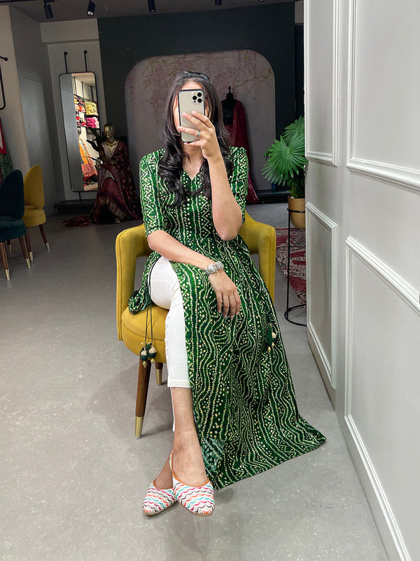 Green Color Foil and Printed Pure Cotton Kurti Clothsvilla